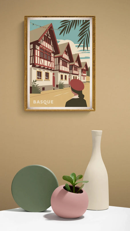 Affiche vintage façade rouge et blanche basque