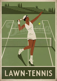 Affiche joueuse de tennis court gazonné style art déco
