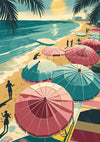 Affiche Paradisiaque rétro parasols colorés Plage