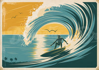 Affiche surfeur vague turquoise soleil rétro