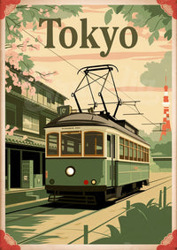 Illustration rétro d'un tramway vert - Tokyo printanier