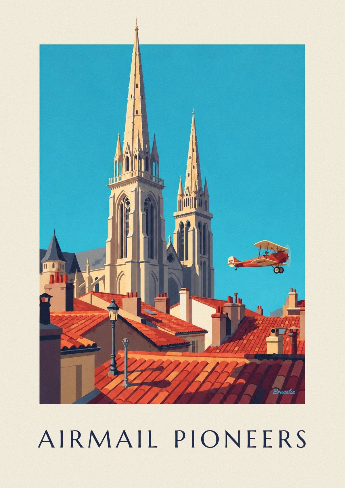 Affiche biplan de l'Aéropostale survolant une cathédrale