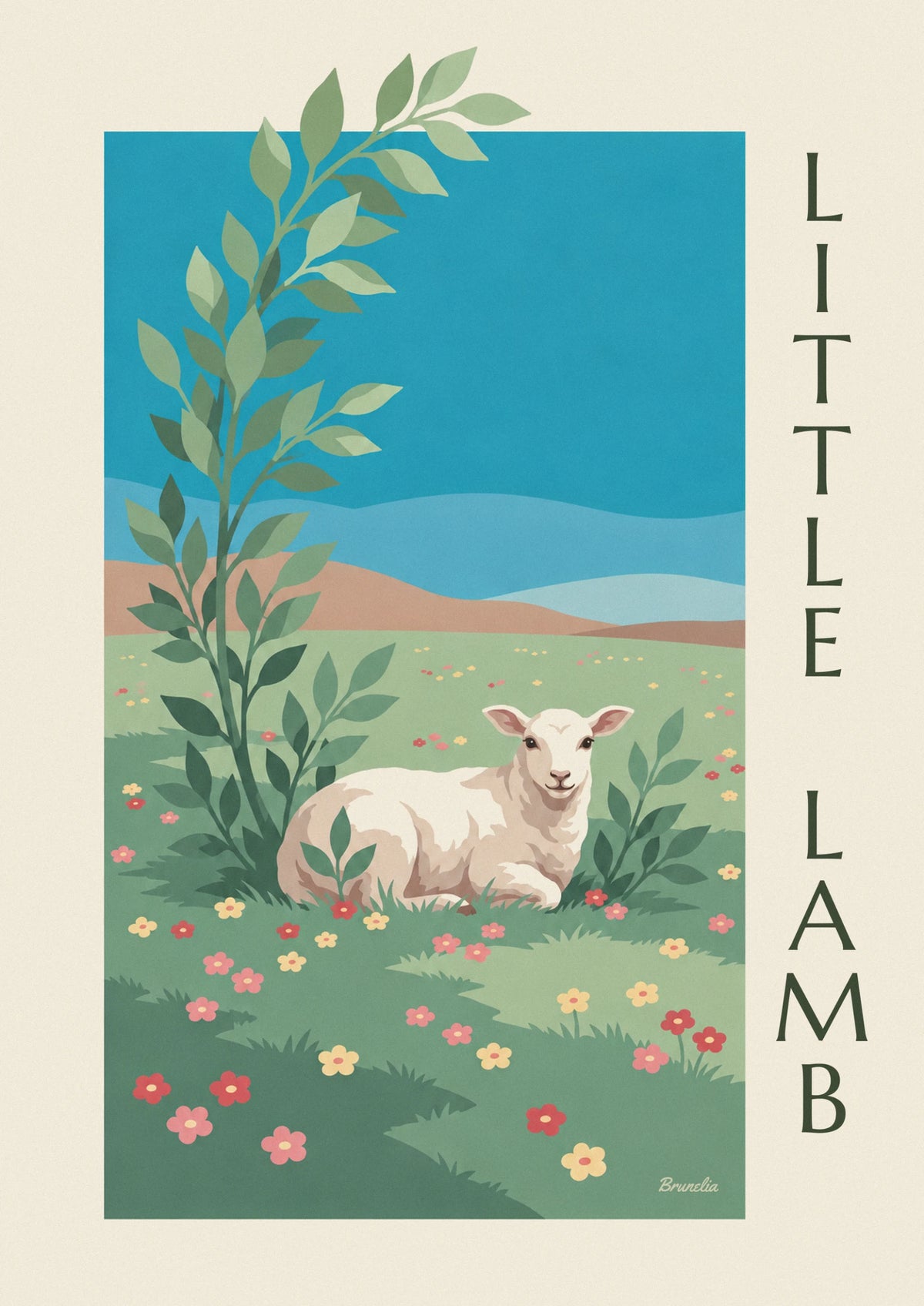 Affiche petit agneau blanc dans une prairie fleurie