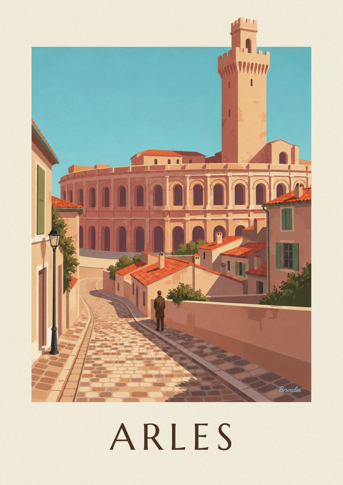 Affiche arènes romaines d'Arles et vieille ville en Provence