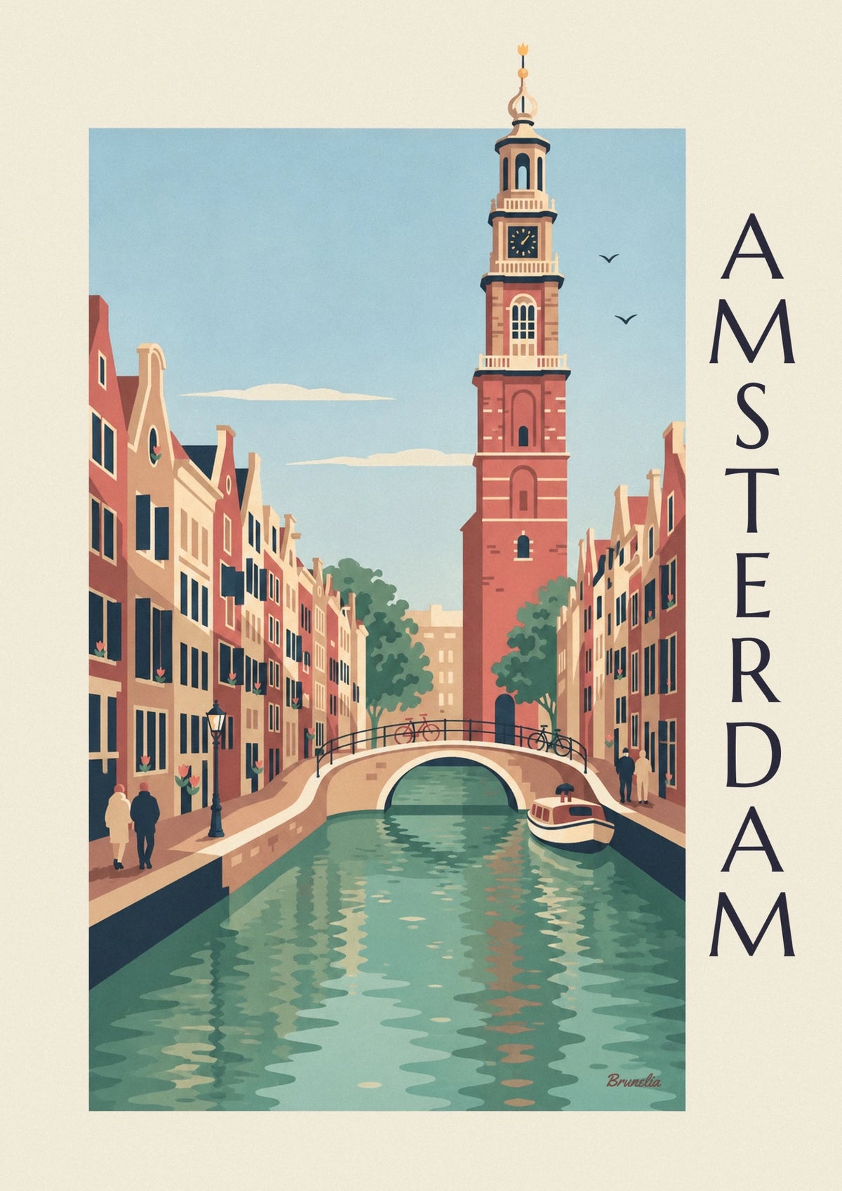 Affiche canal d'Amsterdam, maisons à pignons et vélos sur le pont