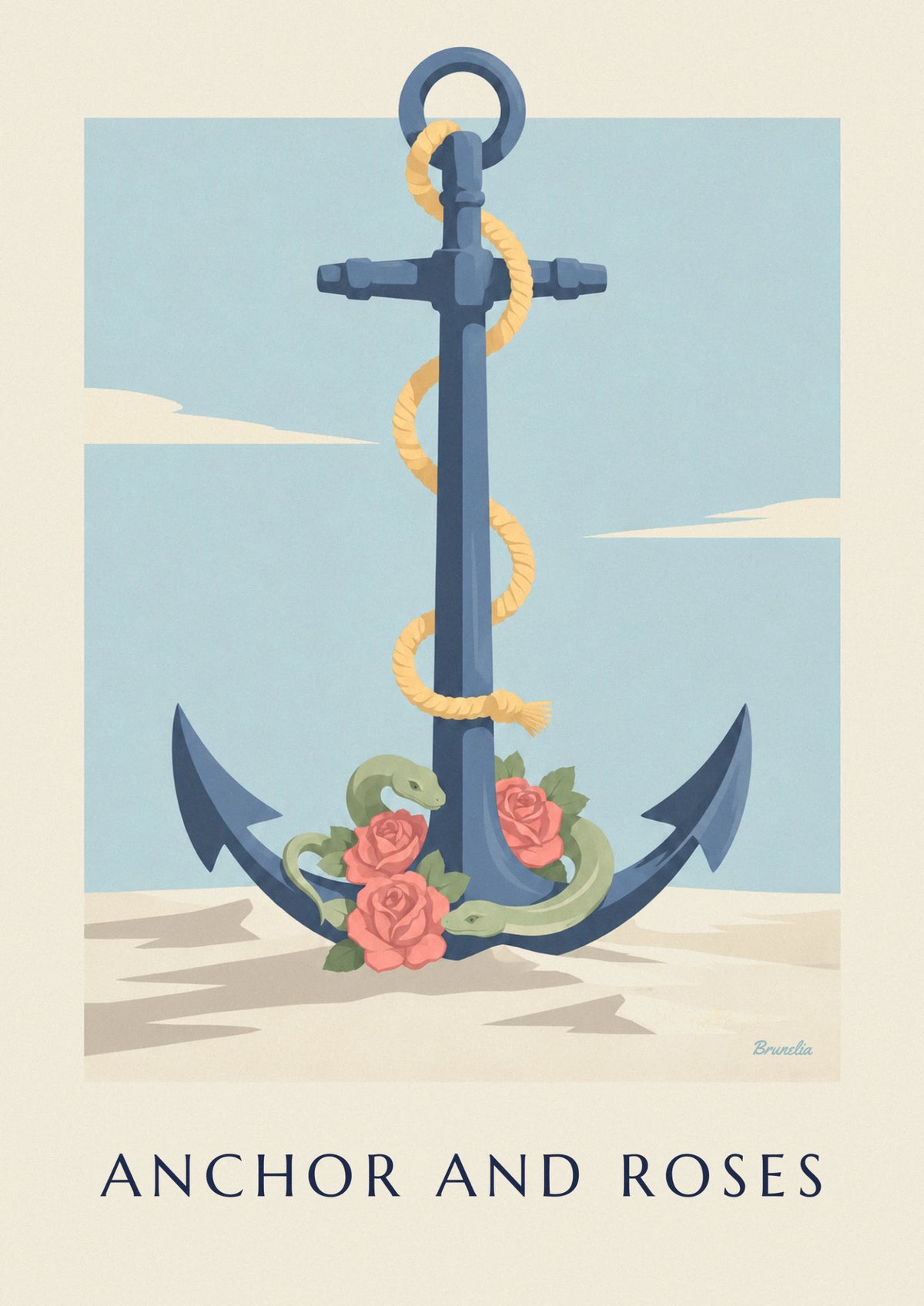 Affiche tatouage ancre marine et roses rouges