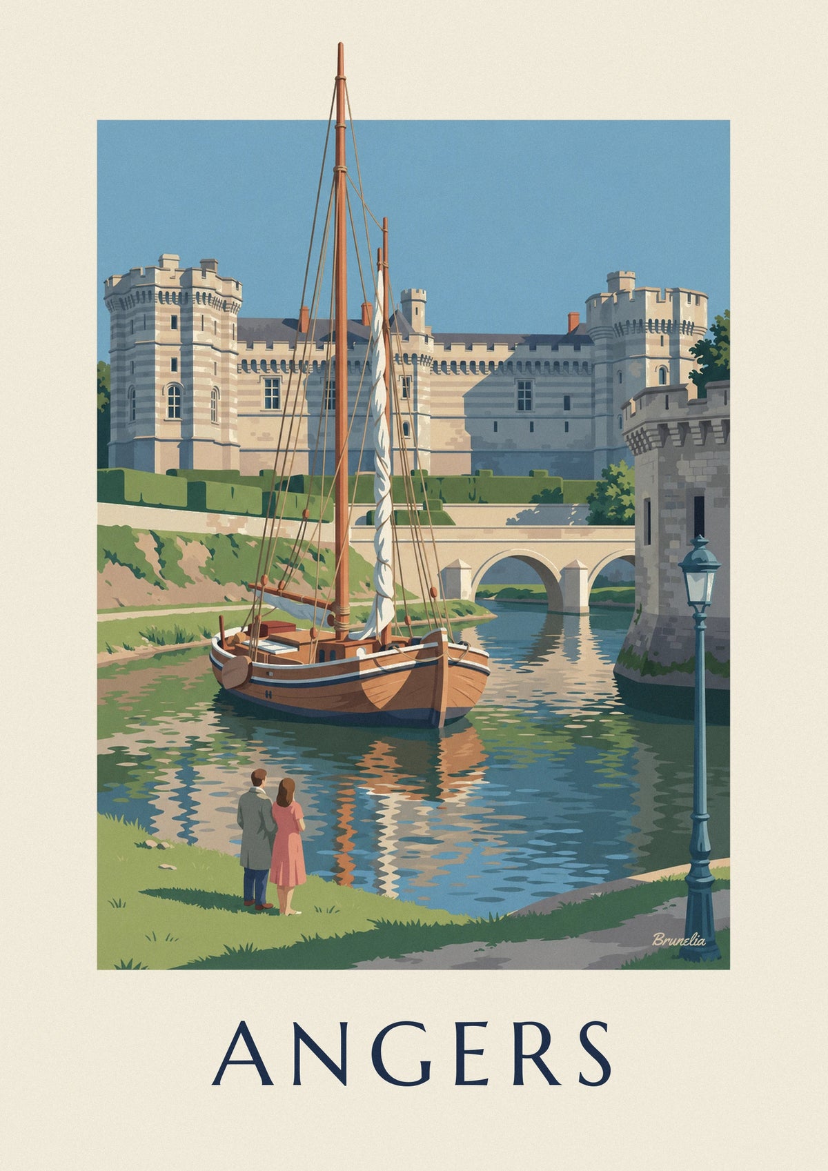 Affiche château d'Angers et voilier amarré sur la Maine