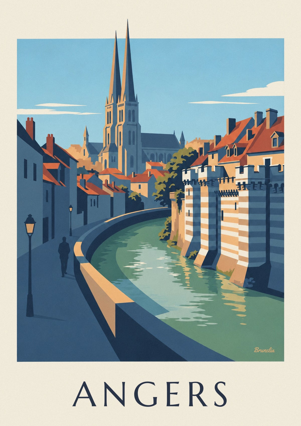 Affiche château d'Angers et cathédrale au bord de la Maine