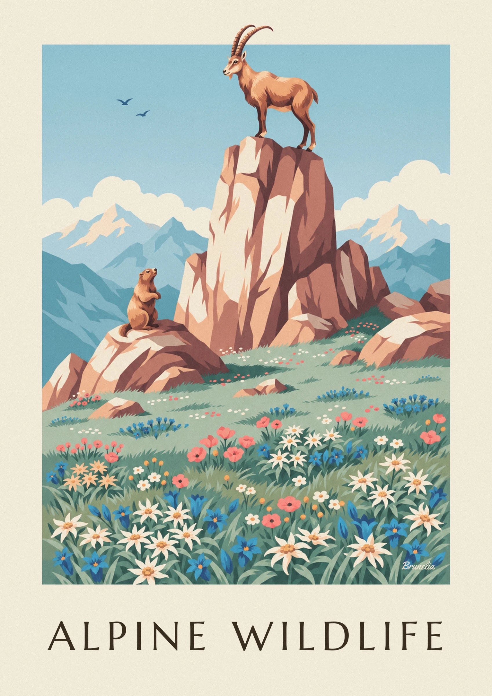 The tawny ibex with long curved horns, standing firmly on its rock