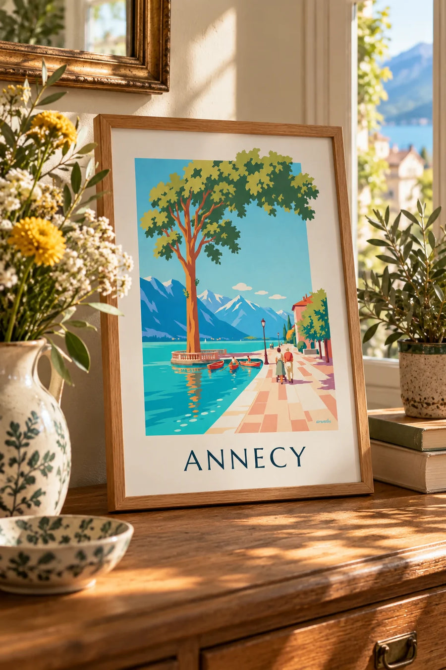 Affiche promenade au bord du lac d'Annecy sous les platanes : petit format A4 encadré