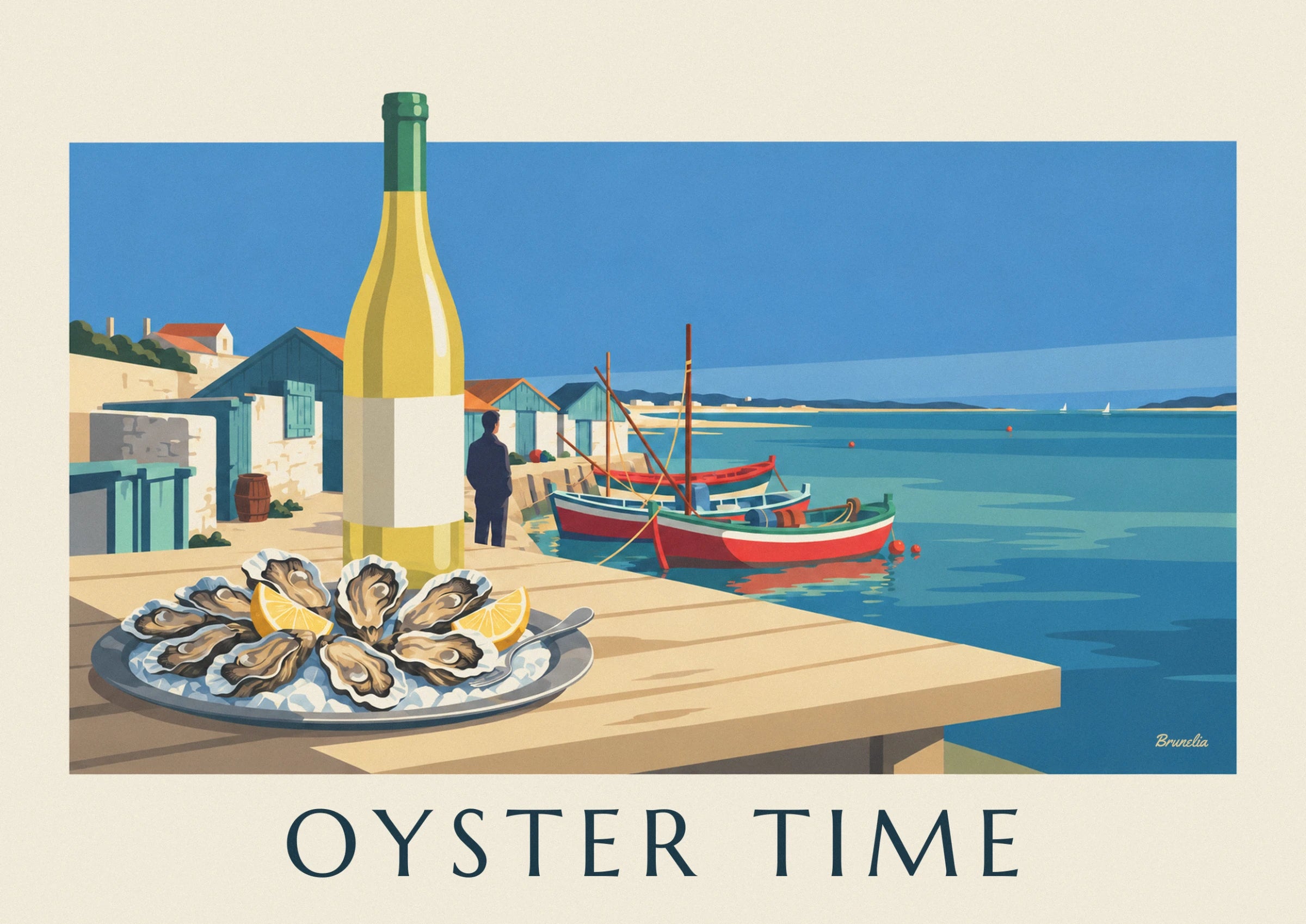 Open oysters and lemons on ice, a bottle of white wine and blue huts