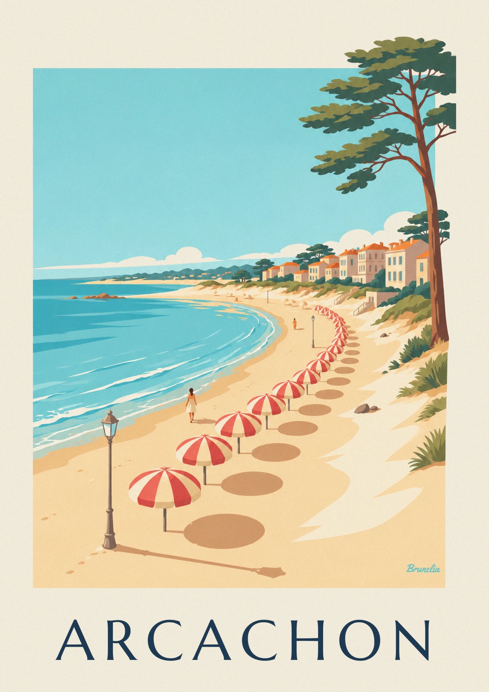 A woman in a white dress walking along the shore beside the row of red and cream striped parasols