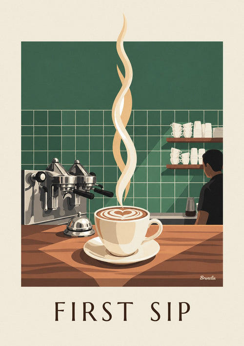 Affiche cappuccino au cœur de mousse sur un comptoir de café : l'affiche entière