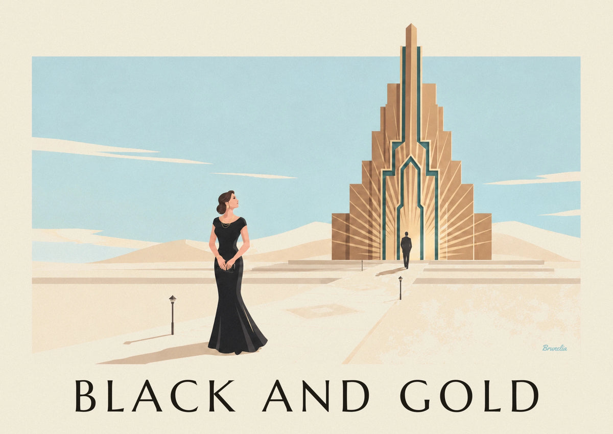 Affiche femme glamour en robe noire et bijoux dorés