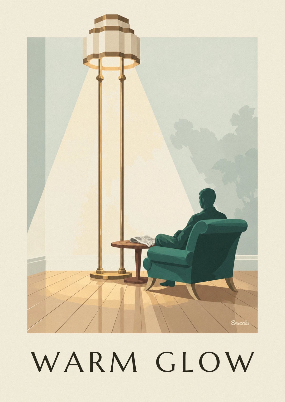 Affiche lampadaire à abat-jour géométrique et fauteuil