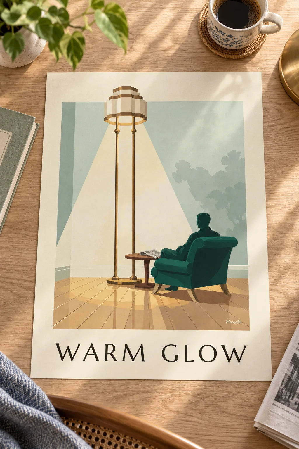 Affiche lampadaire à abat-jour géométrique et fauteuil : posée sur une table