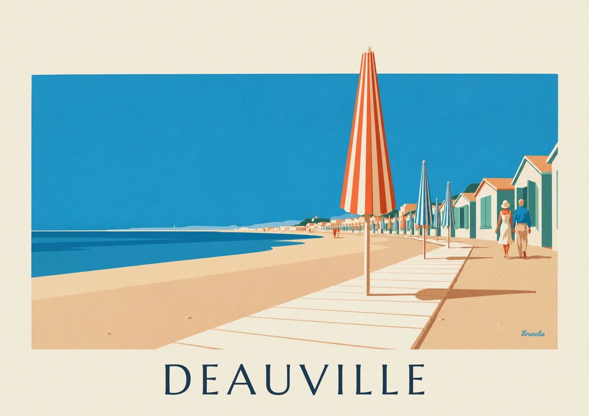 Affiche parasols colorés et planches de la plage de Deauville