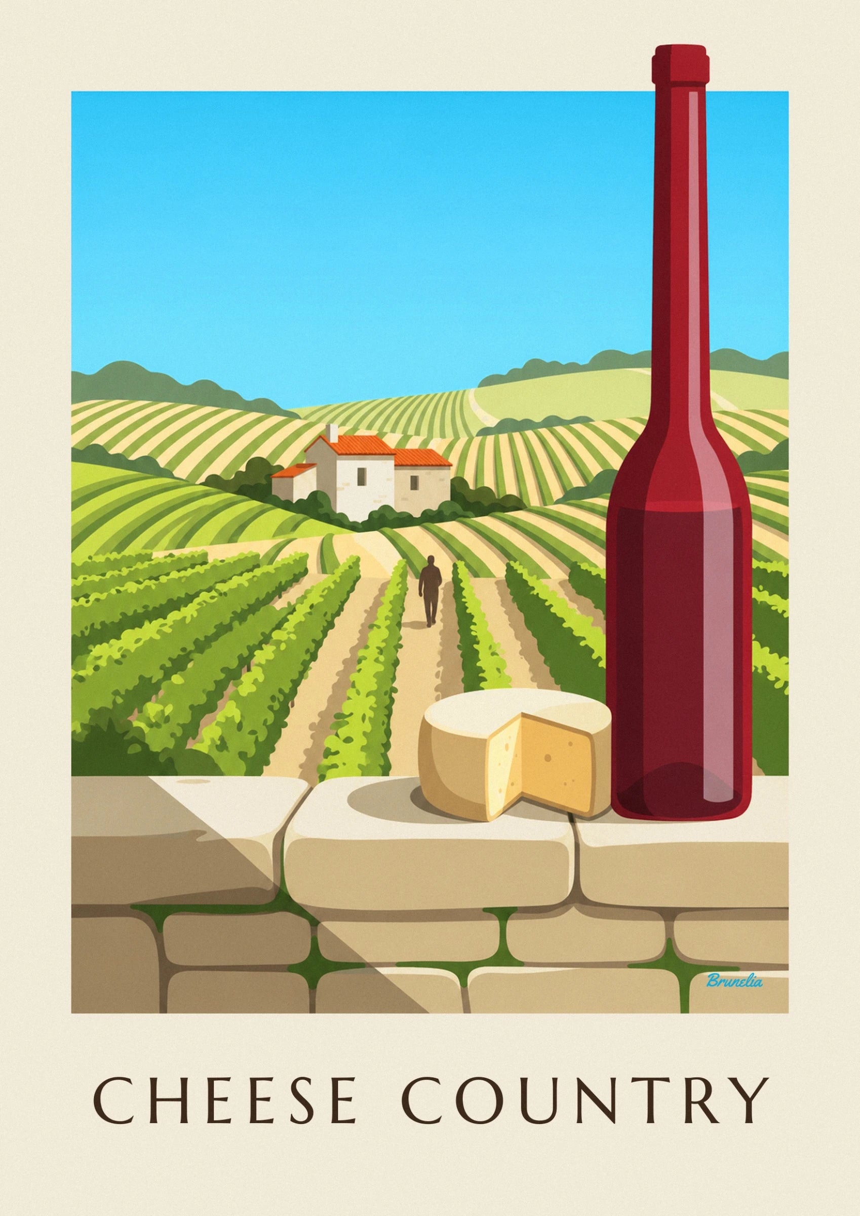 Une meule de fromage entamée et une bouteille de vin rouge devant les vignes