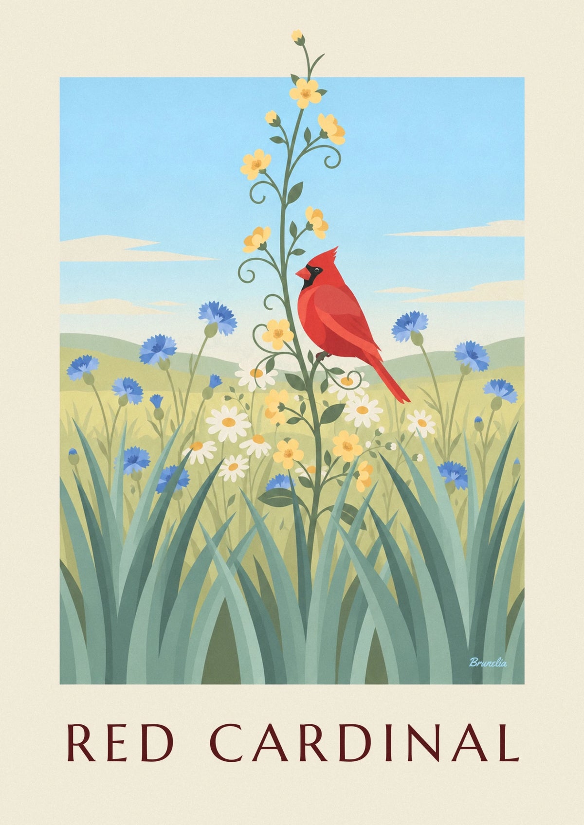 Affiche cardinal rouge et fleurs sauvages