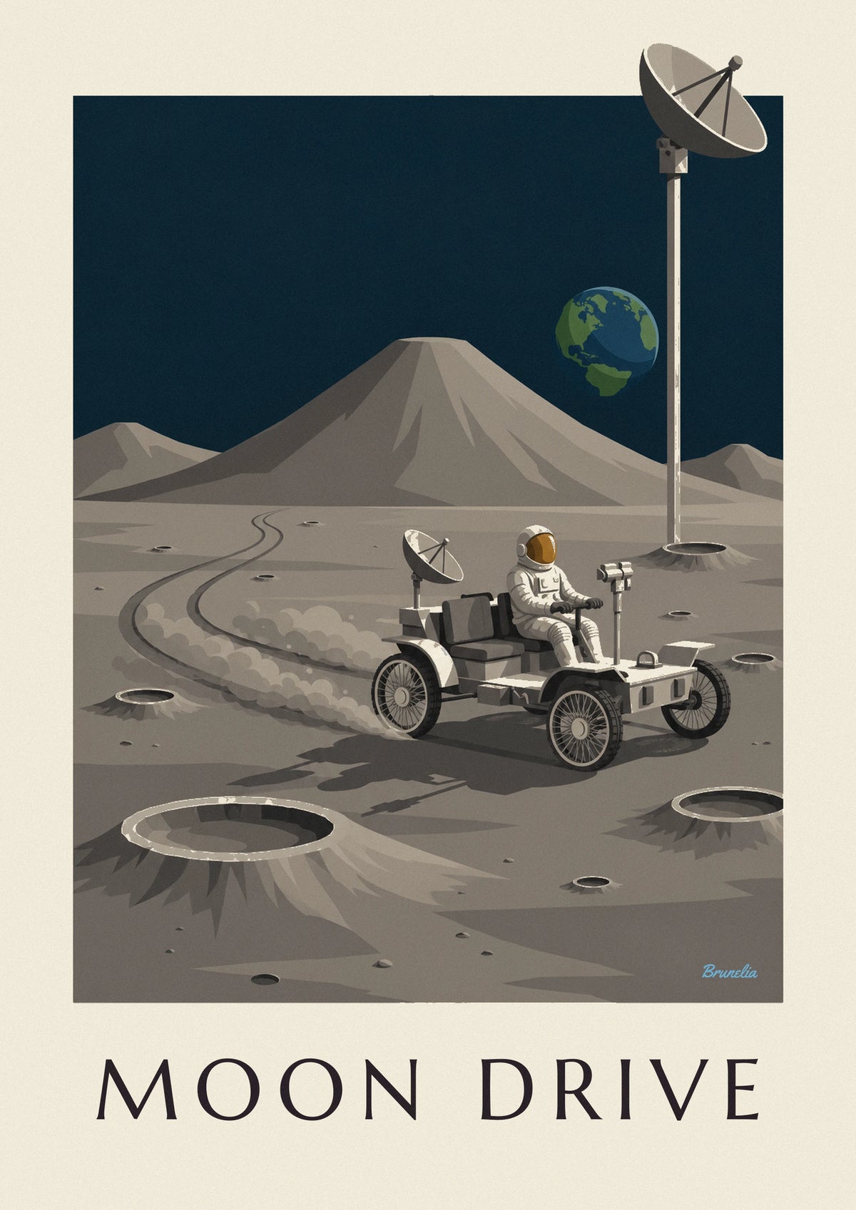 Cartaz de rover lunar a percorrer as crateras da Lua