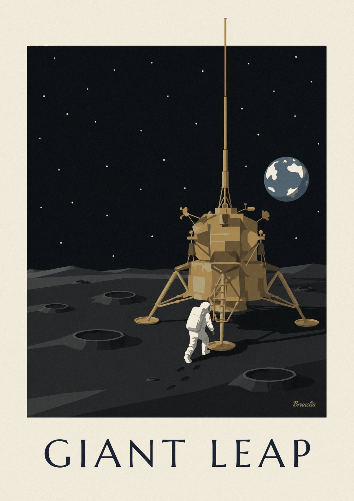 Affiche astronaute marchant vers le module lunaire sur la Lune