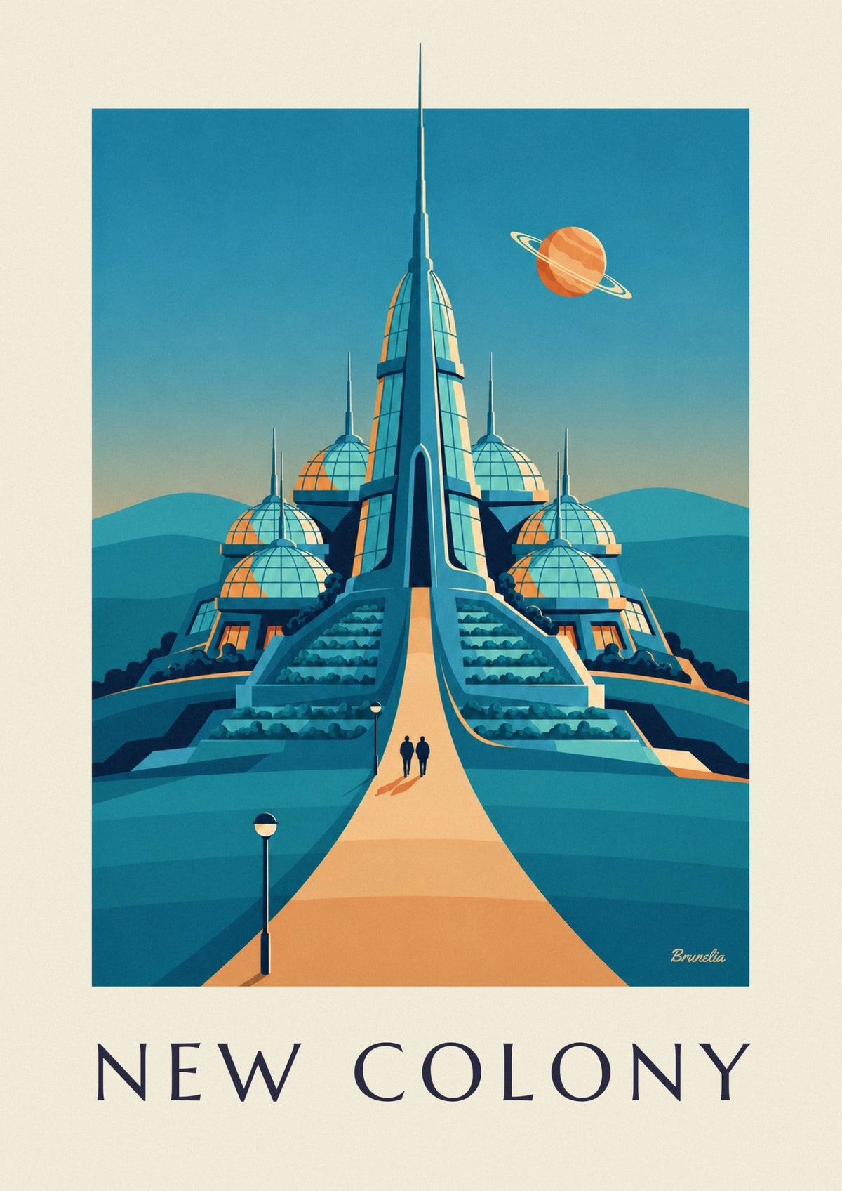 Affiche colonie sous des dômes de verre sur une planète