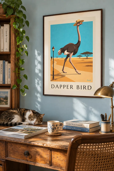 Affiche autruche coiffée d'un chapeau panama dans la savane : encadrée au mur