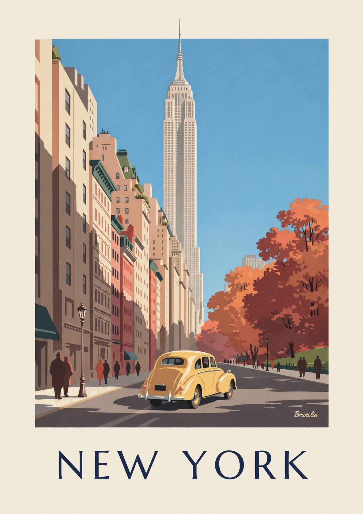 Affiche voiture jaune et Empire State Building en automne