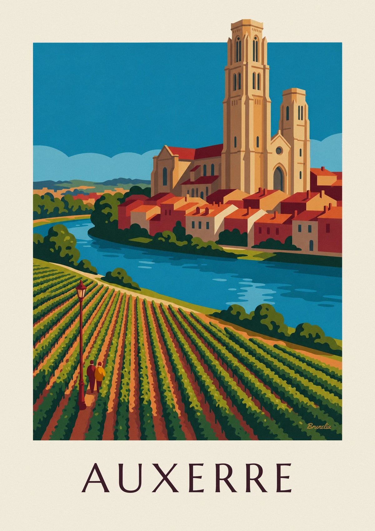 Affiche vignobles d'Auxerre et cathédrale au bord de l'Yonne