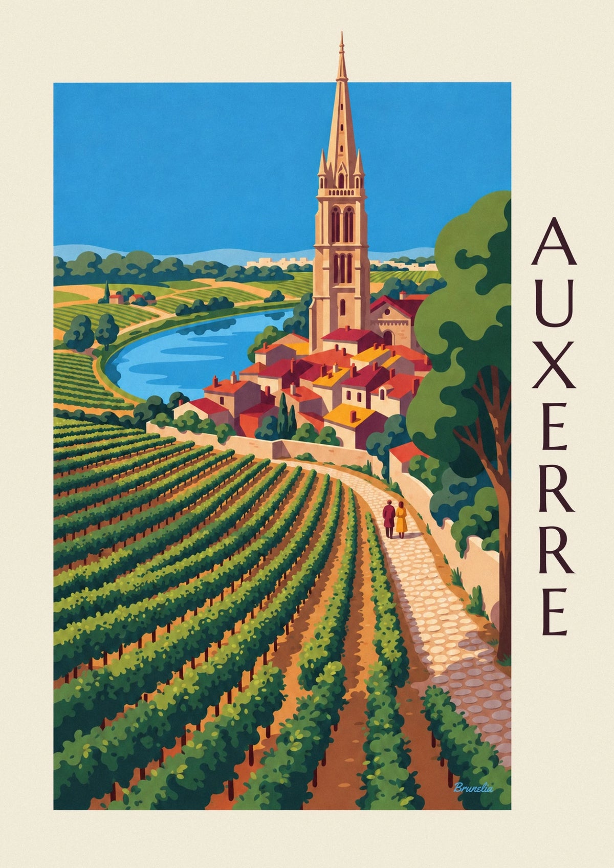 Affiche vignobles d'Auxerre et cathédrale au bord de l'Yonne