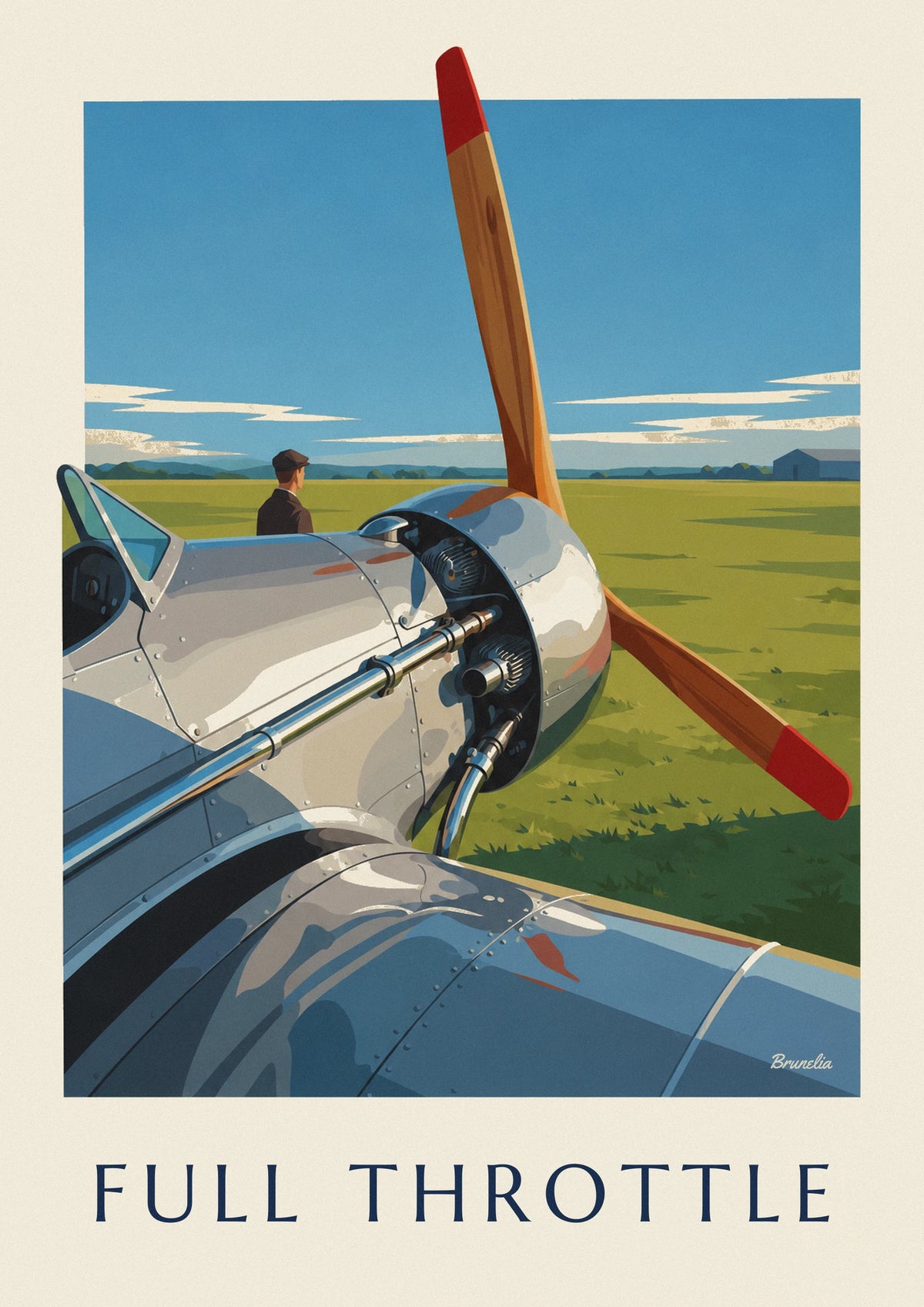 Affiche moteur d'avion chromé et hélice en bois sur l'aérodrome