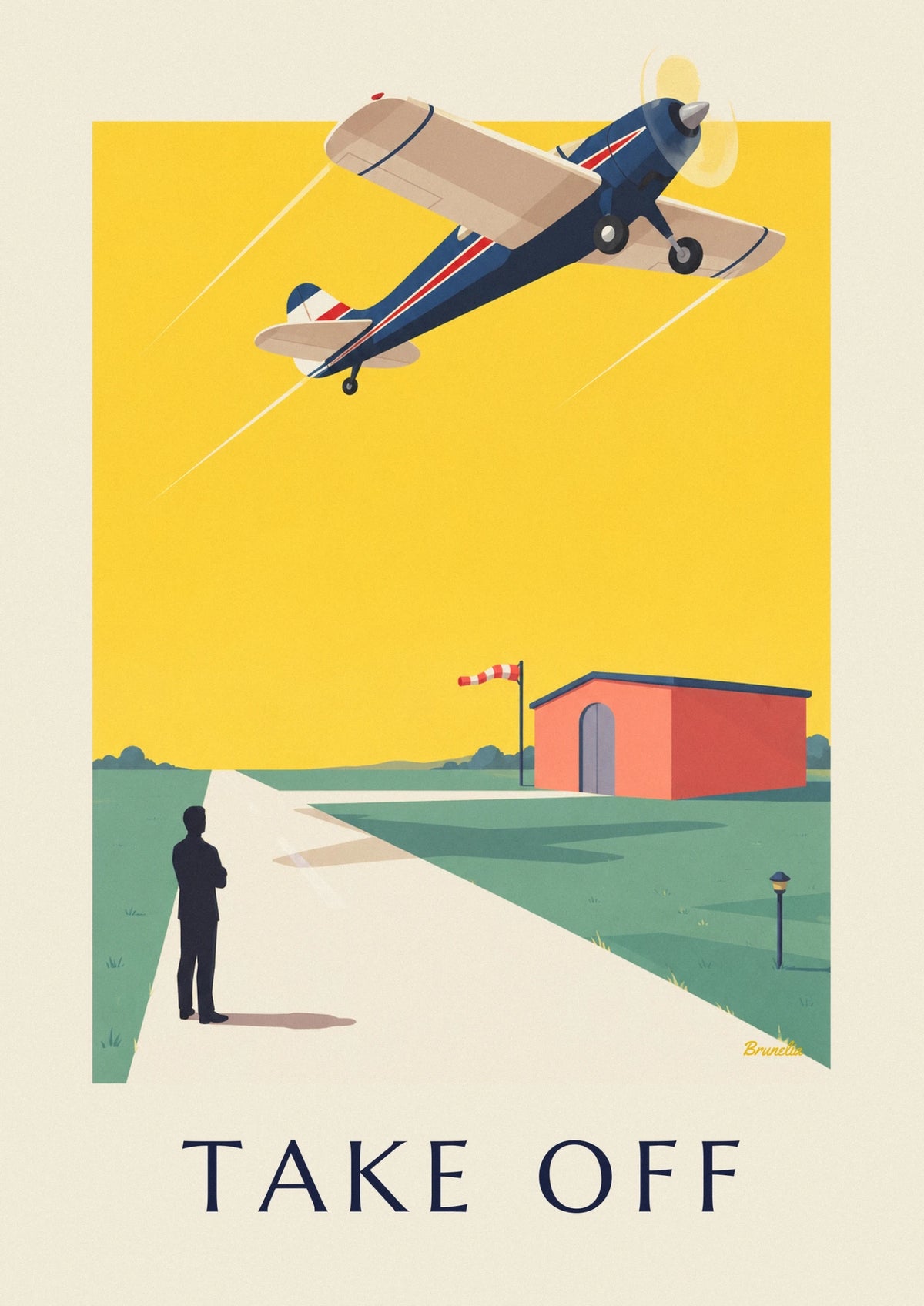 Affiche avion à hélices au décollage sur un ciel jaune