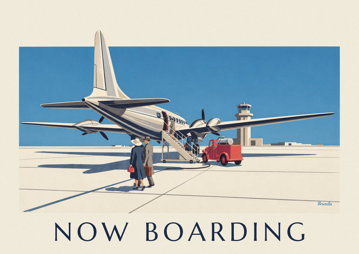 Affiche avion de ligne à hélices et passagers à l'embarquement
