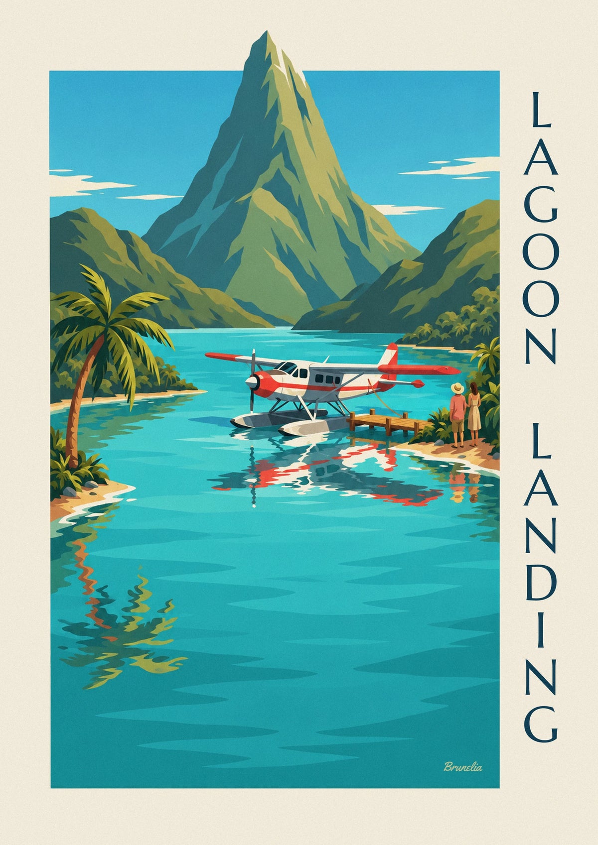 Affiche hydravion rouge et blanc amarré au ponton d'un lagon