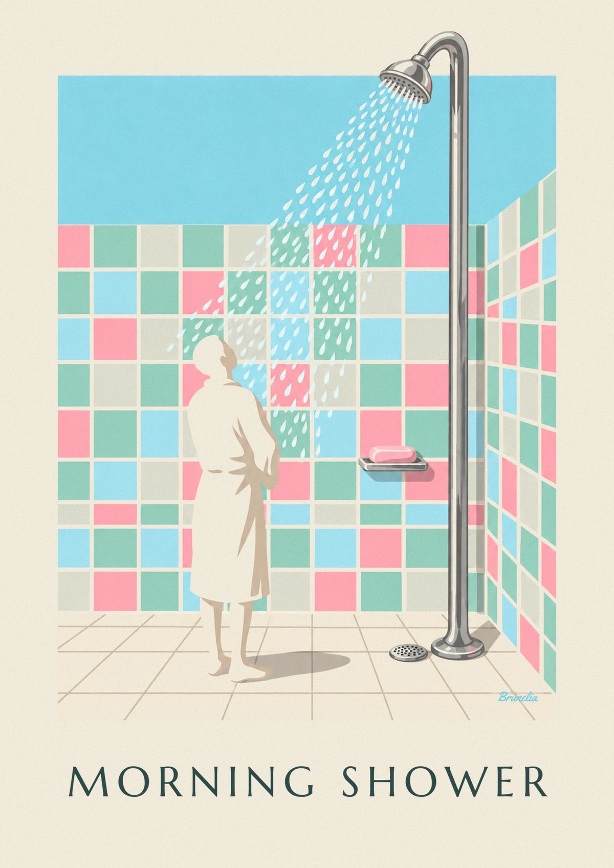 Affiche pommeau de douche chromé et carreaux pastel