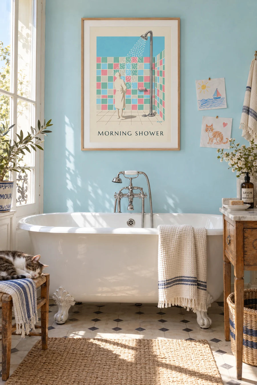 Affiche pommeau de douche chromé et carreaux pastel : encadrée au mur