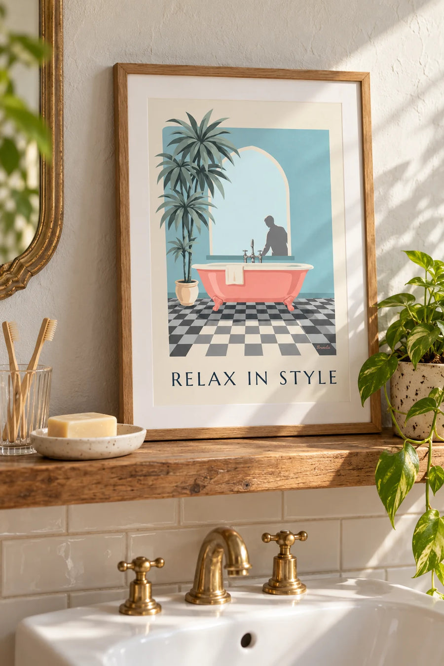 Affiche baignoire corail et carrelage à damier : petit format A4 encadré