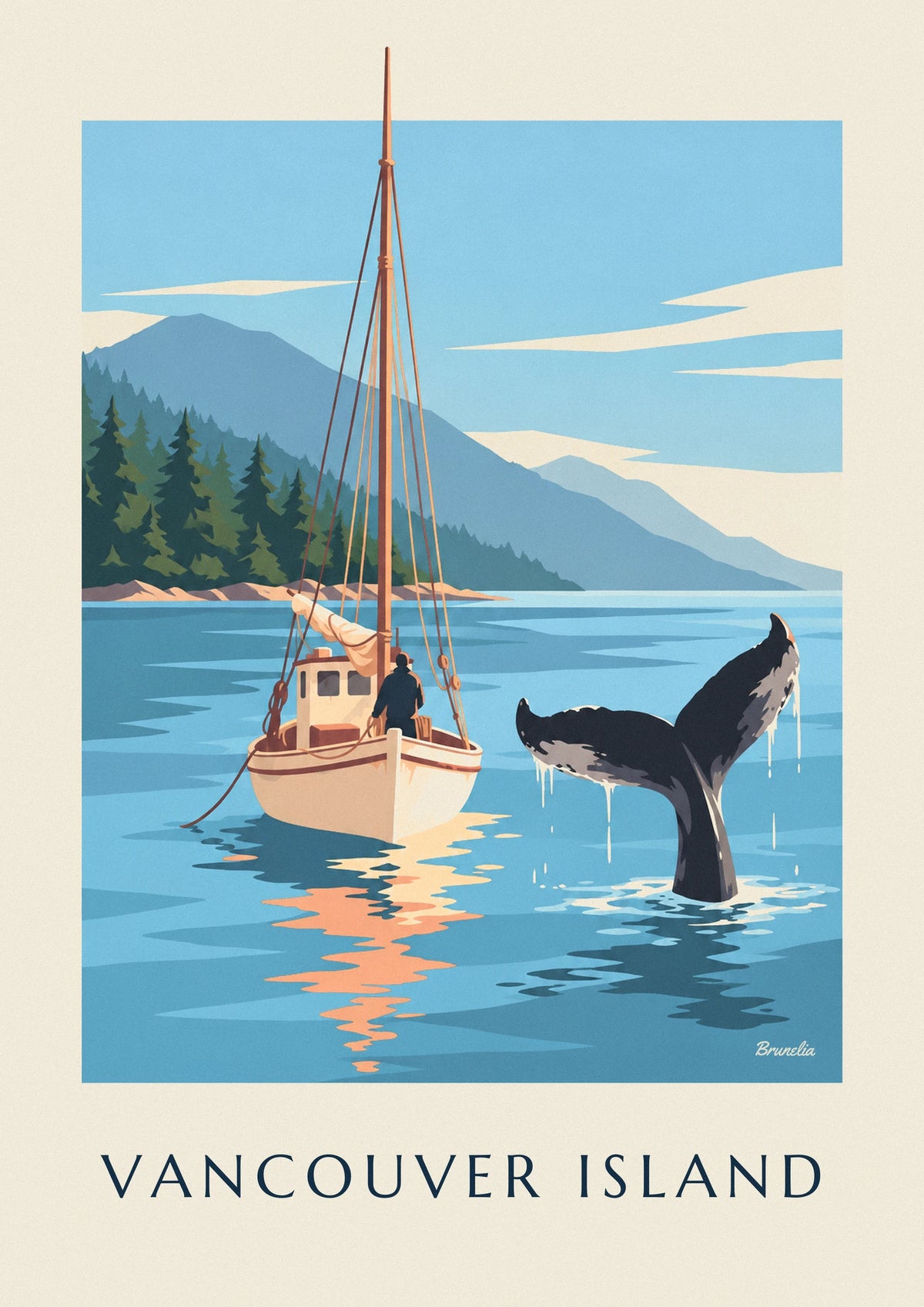 Affiche queue de baleine près d'un voilier au large de l'île de Vancouver