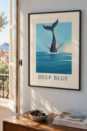 Affiche baleine à bosse plongeant dans l'océan, queue dressée : encadrée au mur
