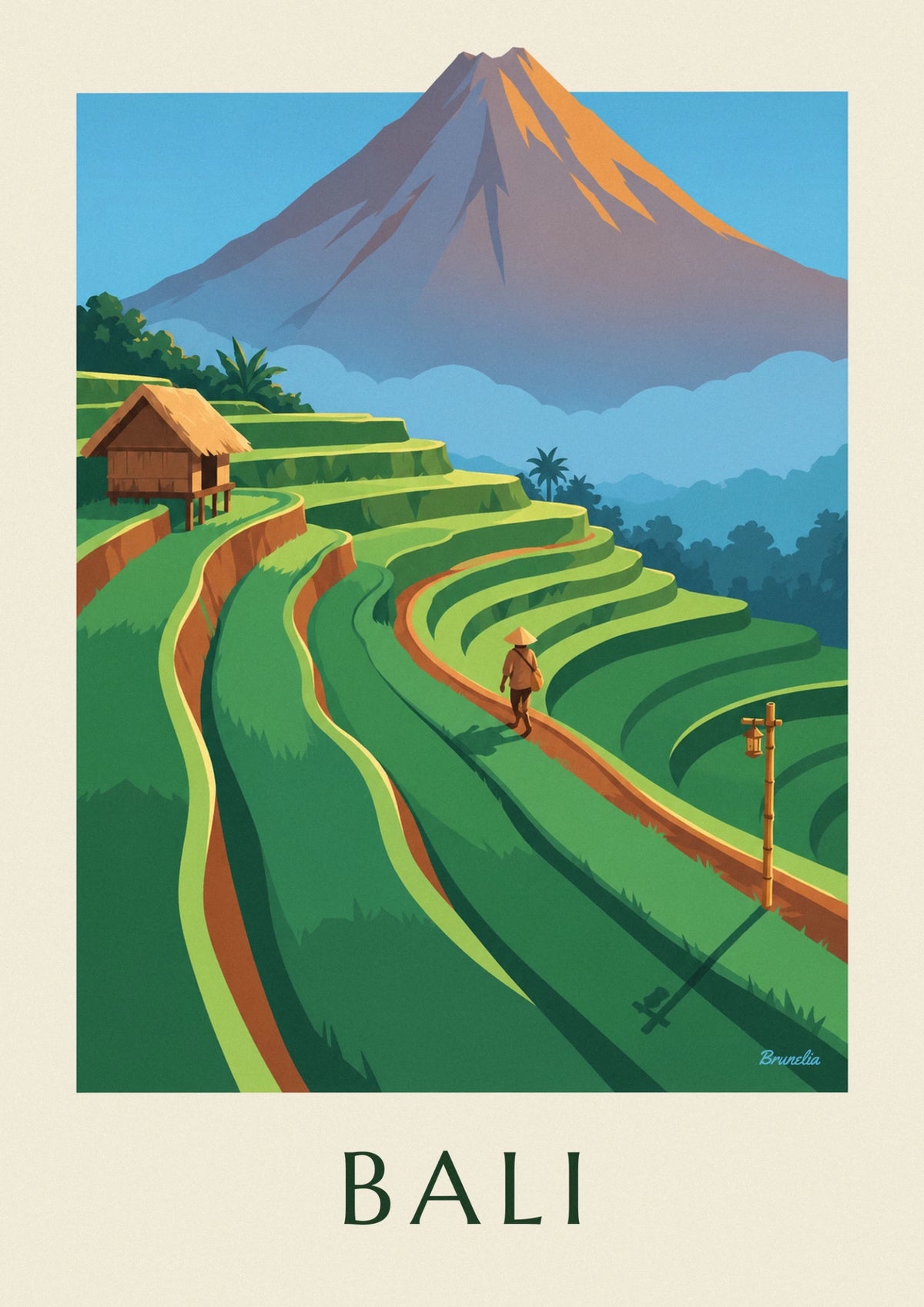 Affiche rizières en terrasses de Bali et mont Agung au lever du soleil