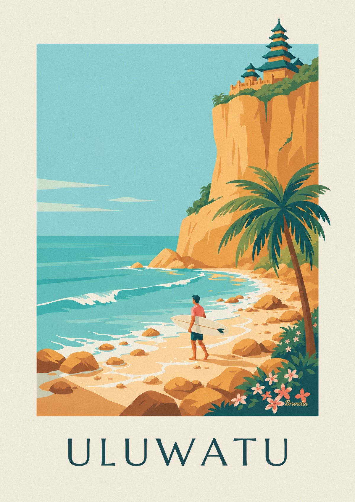 Affiche surfeur au pied du temple d'Uluwatu à Bali