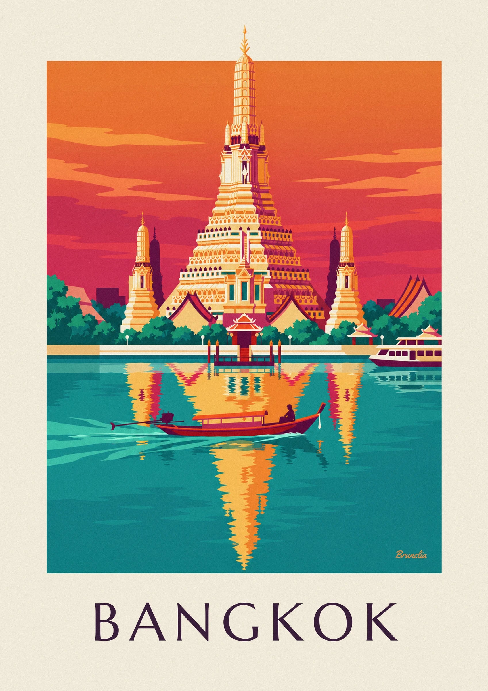 The golden spire of Wat Arun against an orange and pink sky