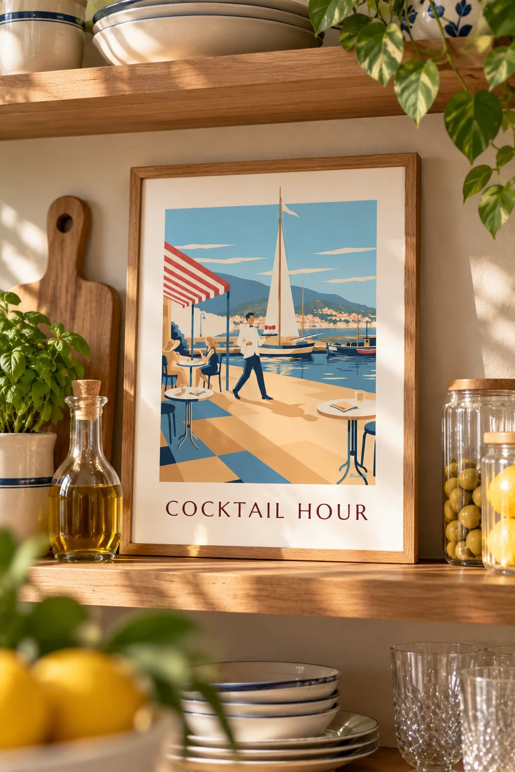 Cozinha: Cartaz de empregado de mesa e aperitivos numa esplanada junto ao porto na parede
