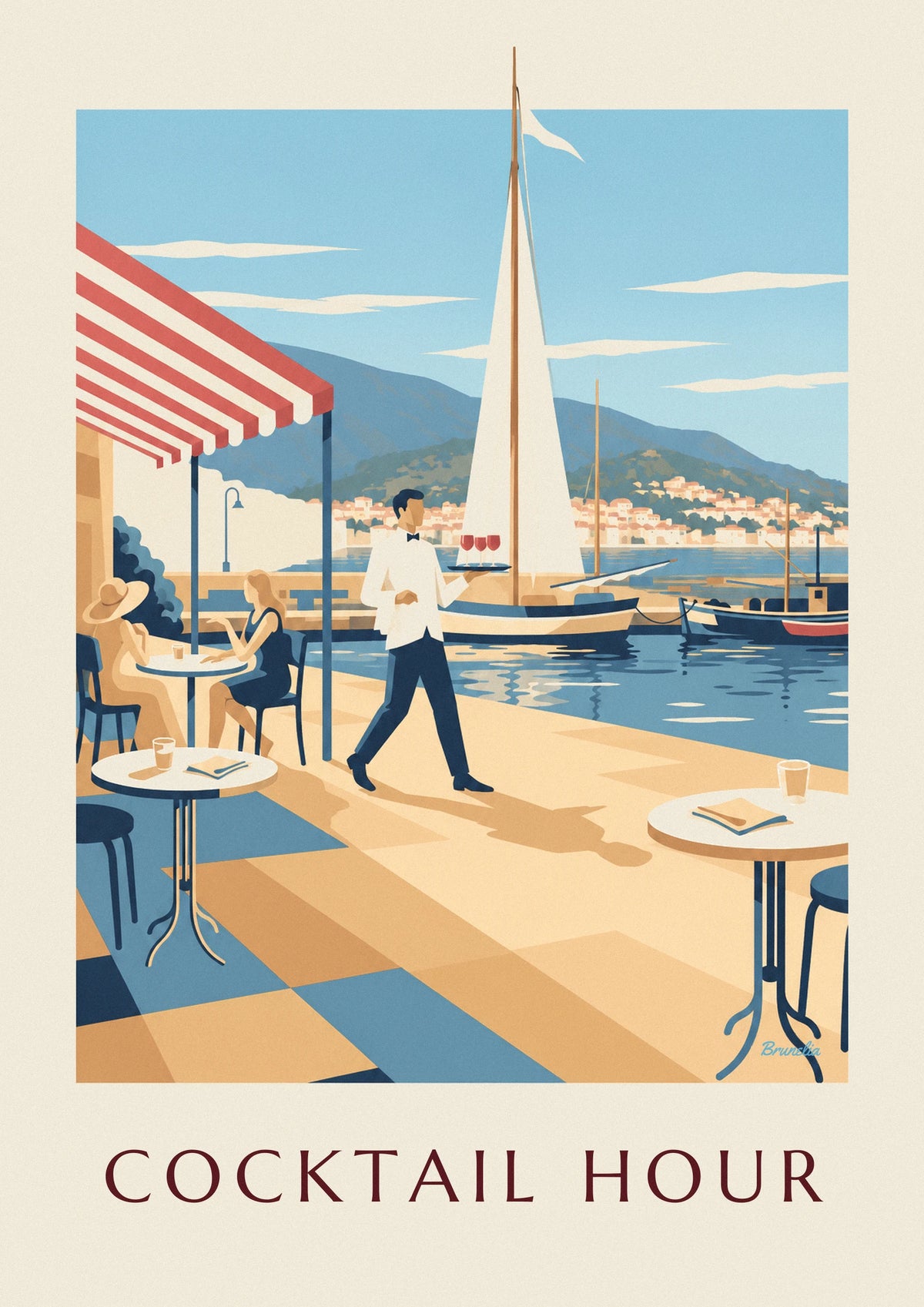 Affiche serveur et apéritifs sur une terrasse de port