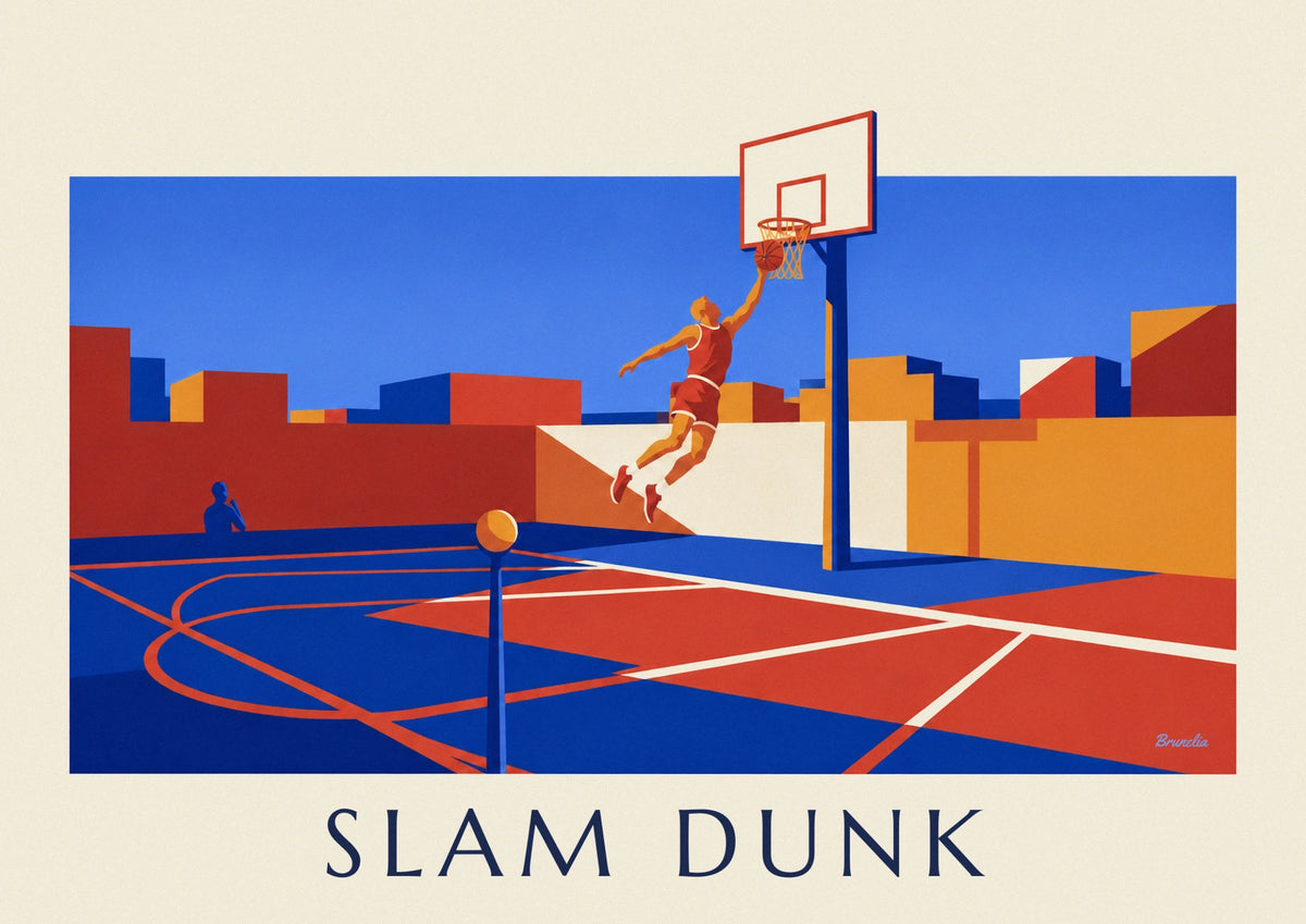 Affiche basketteur en plein dunk sur un terrain en plein air