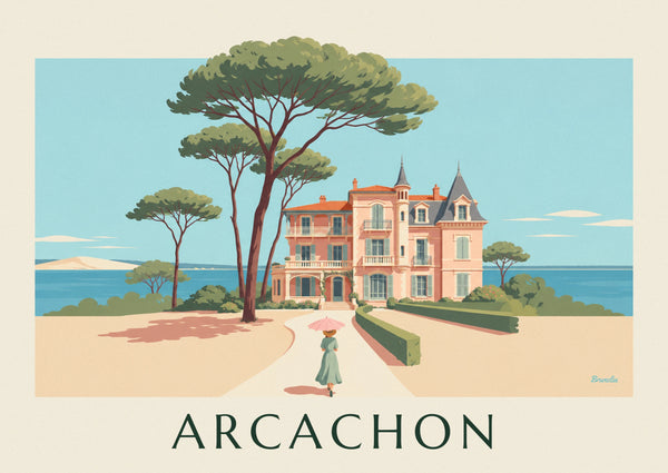 Póster de uma villa da Cidade de Inverno de Arcachon entre pinheiros