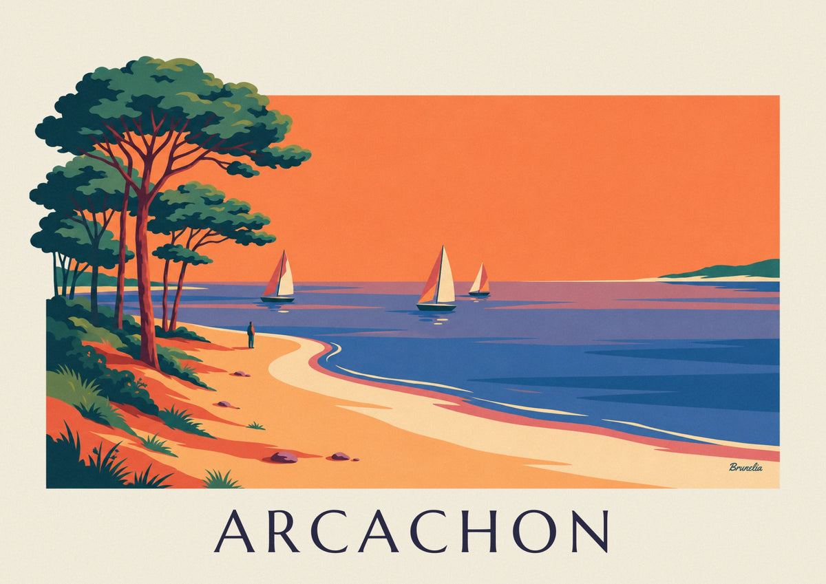 Affiche bassin d'Arcachon au couchant, voiliers et pins