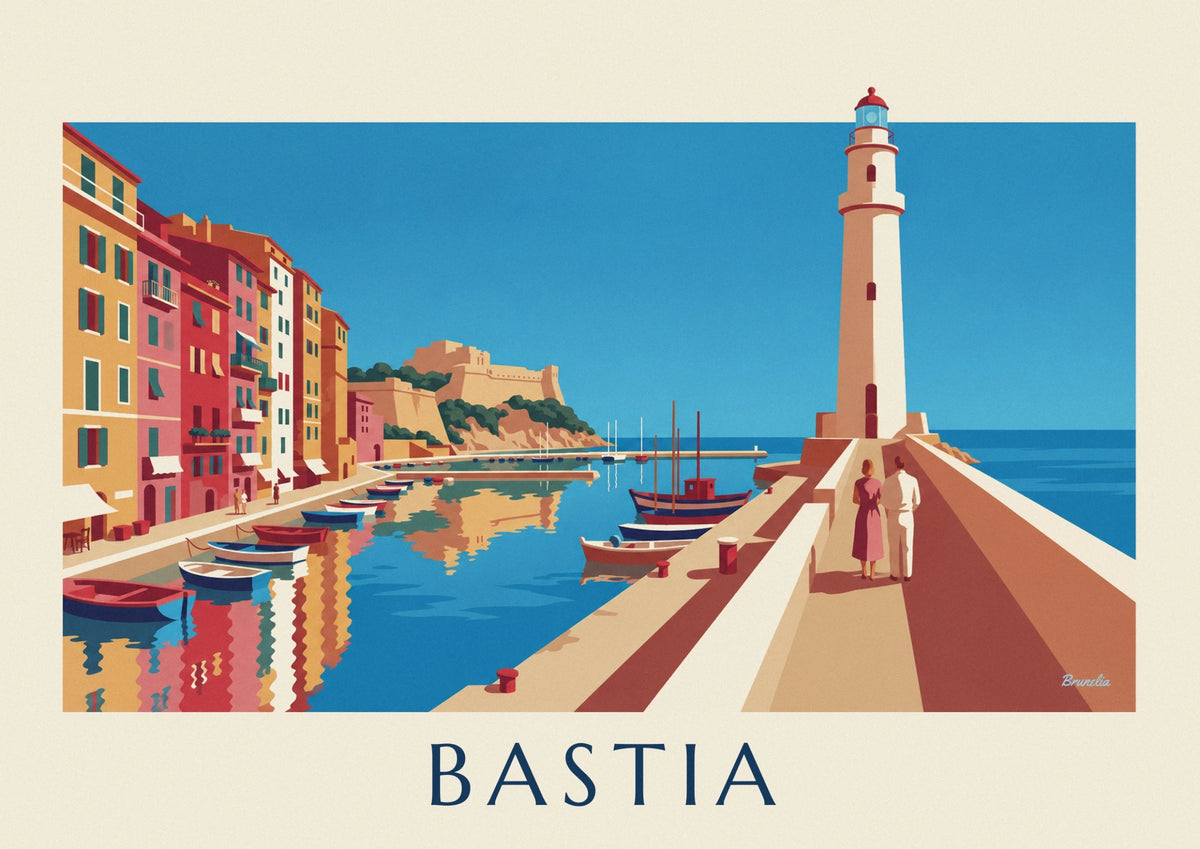 Affiche vieux port de Bastia et ses façades colorées en Corse