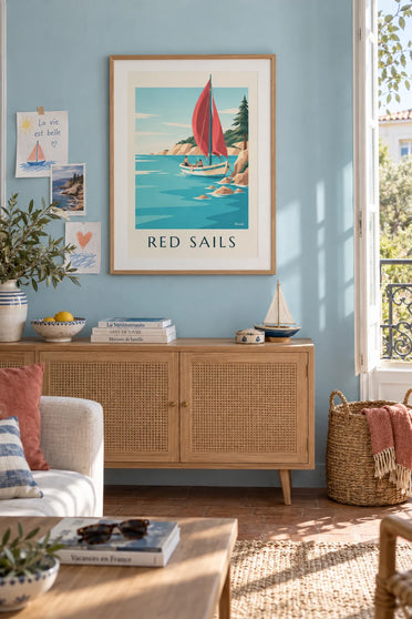 Affiche barque catalane aux voiles latines rouges : encadrée au mur