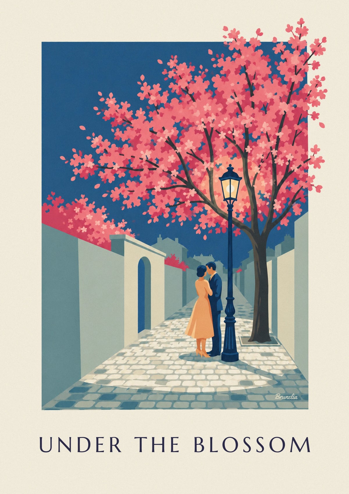 Affiche couple sous un lampadaire et un cerisier en fleurs